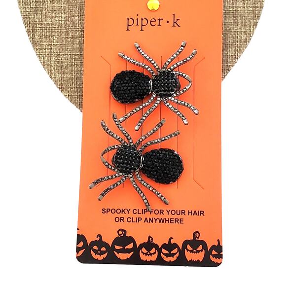 Halloween Piper-K Spider Hair Clips Set of 2 Black Rhinestones Goth Scary 2 inch - Picture 1 of 6